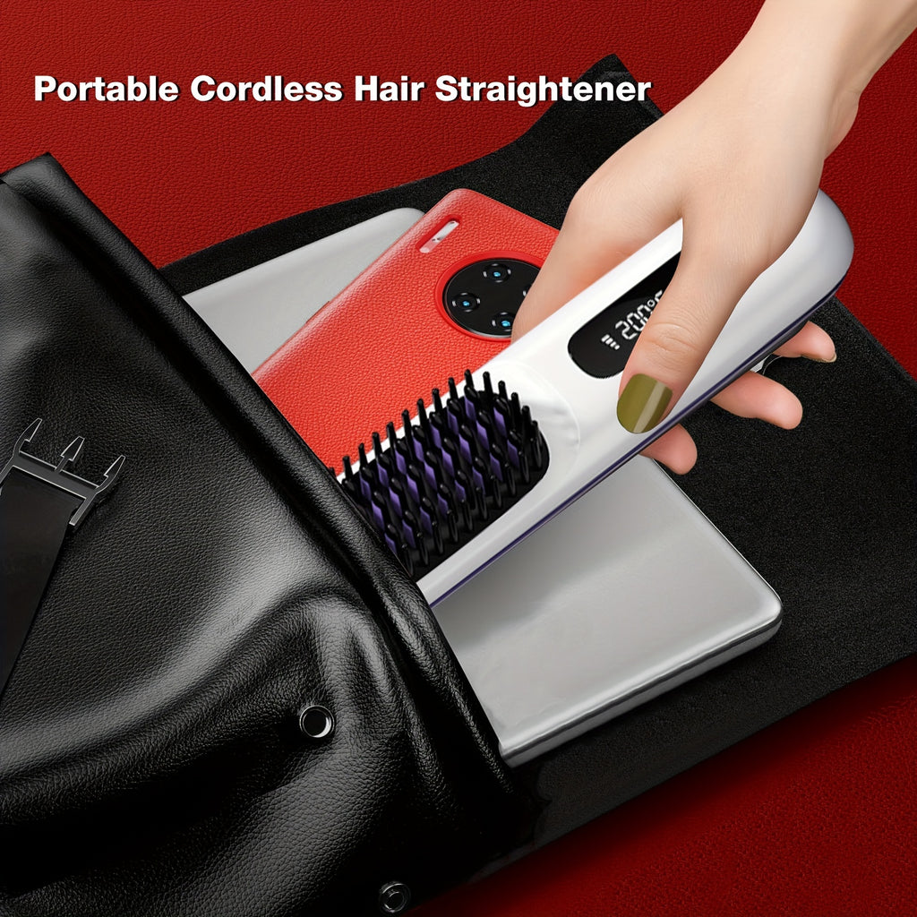 Cordless Hair Straightener Brush - Portable, Rechargeable, Fast Heating with 3 Temp Settings, Anti-Scald, 20Mins Auto-Off, Long Battery Life, and USB Charging for Travel