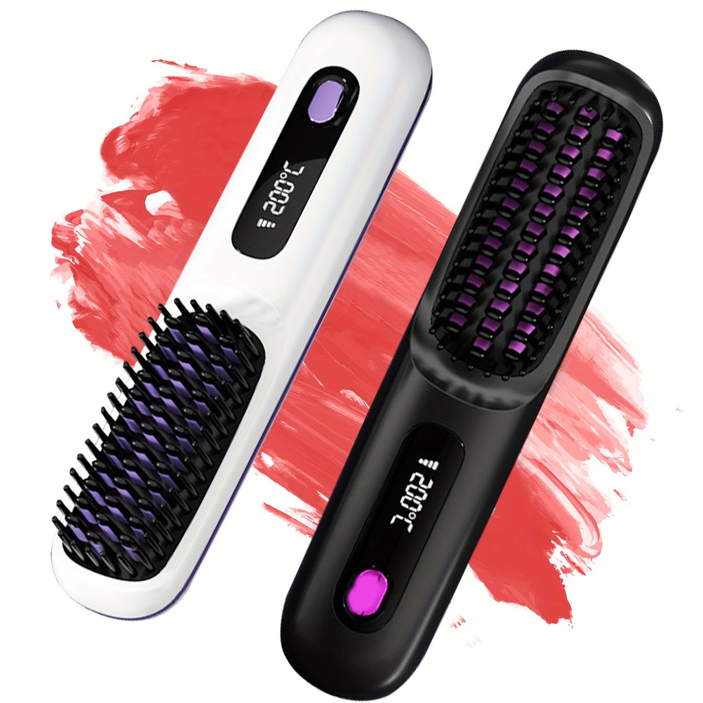 Cordless Hair Straightener Brush - Portable, Rechargeable, Fast Heating with 3 Temp Settings, Anti-Scald, 20Mins Auto-Off, Long Battery Life, and USB Charging for Travel