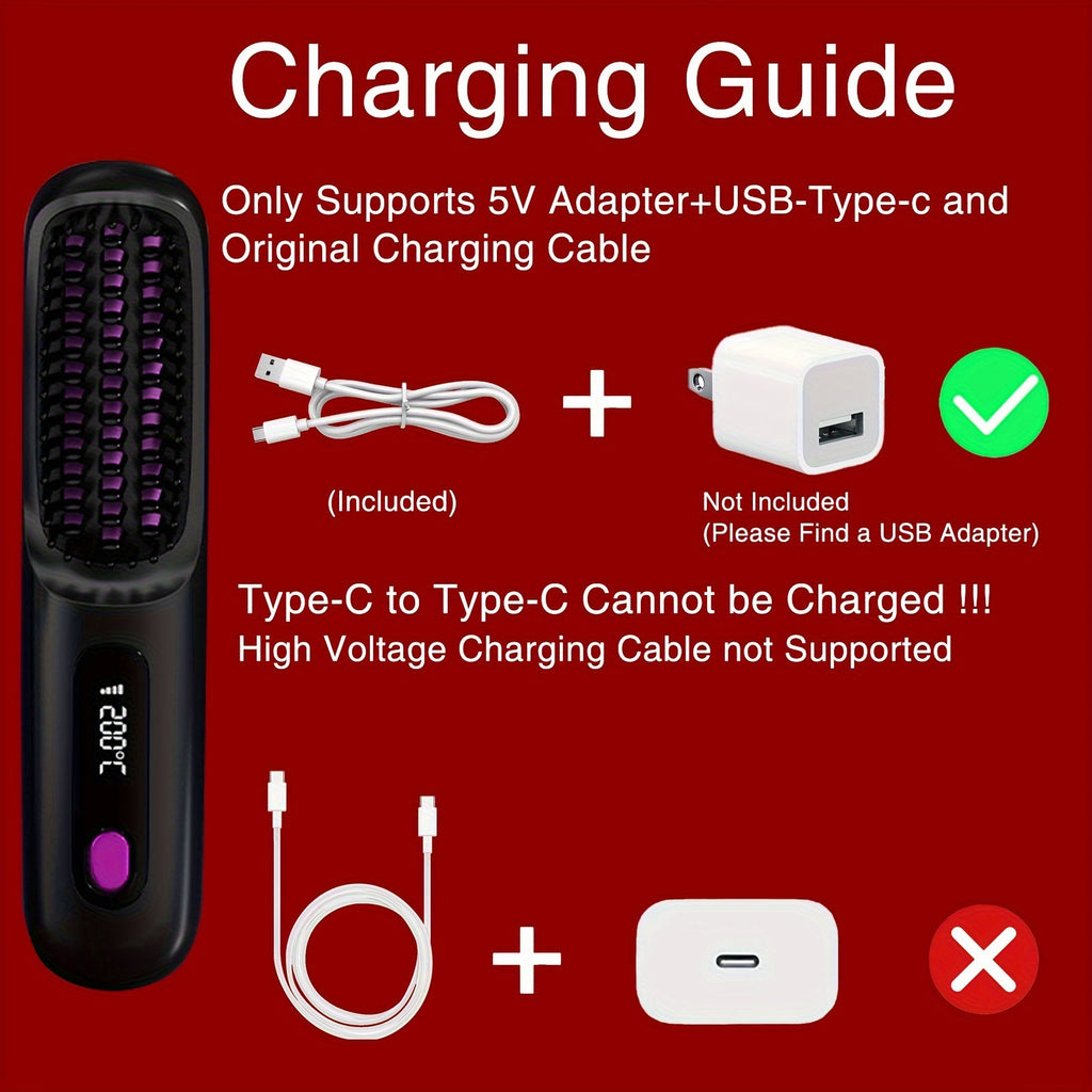 Cordless Hair Straightener Brush - Portable, Rechargeable, Fast Heating with 3 Temp Settings, Anti-Scald, 20Mins Auto-Off, Long Battery Life, and USB Charging for Travel