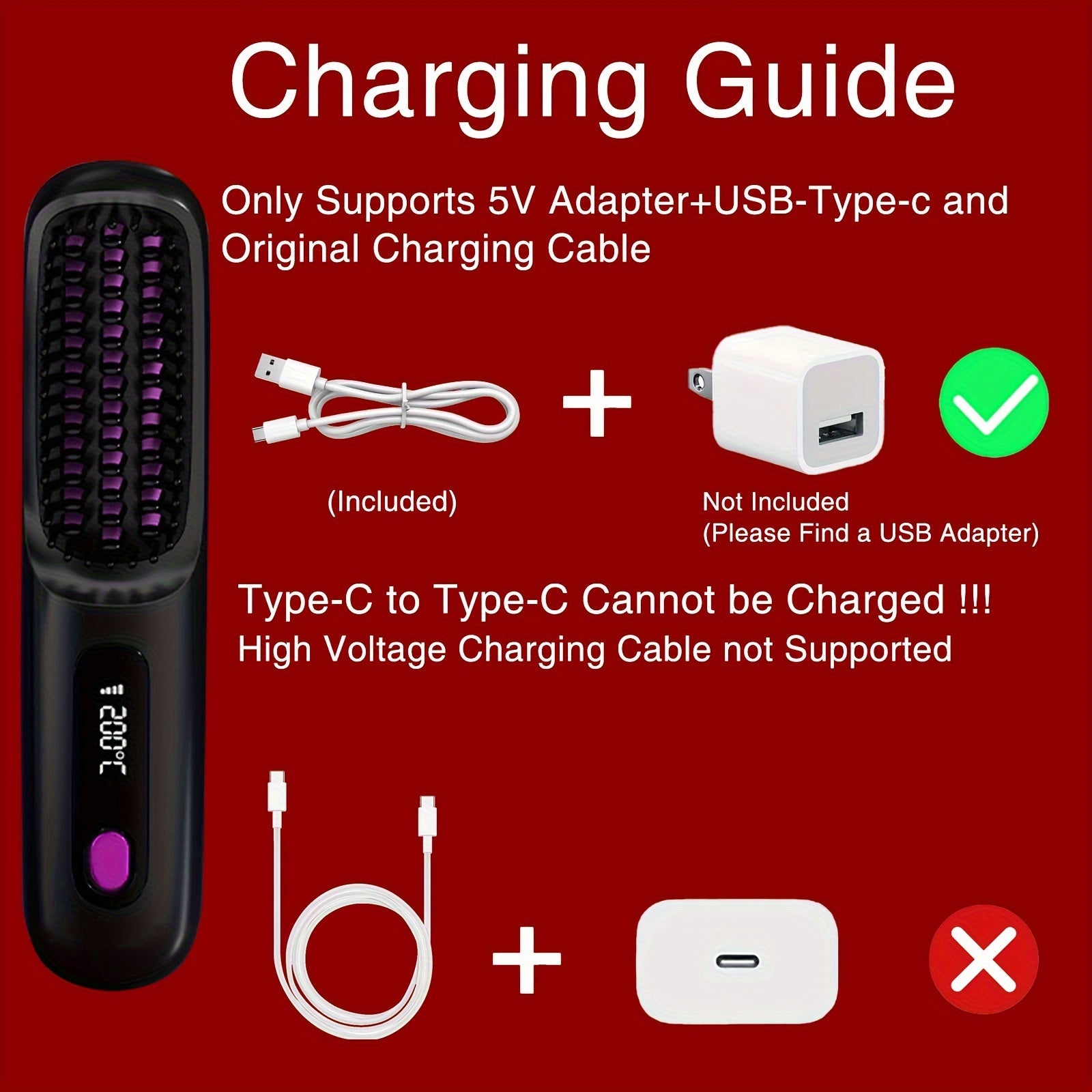 Cordless Hair Straightener Brush - Portable, Rechargeable, Fast Heating with 3 Temp Settings, Anti-Scald, 20Mins Auto-Off, Long Battery Life, and USB Charging for Travel